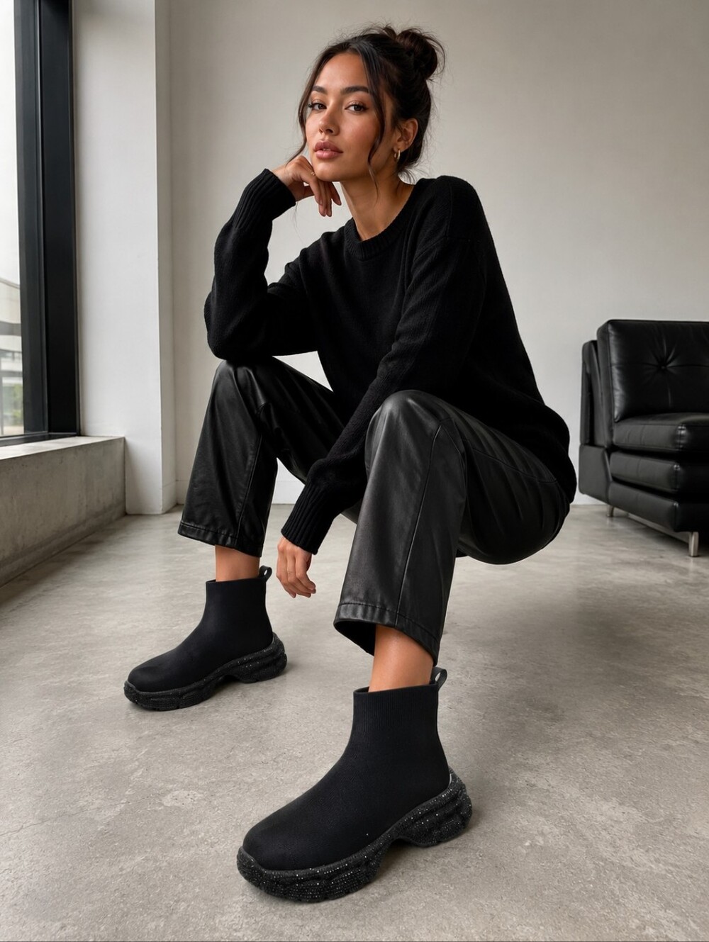 Cape Robbin Black Knit Sock Sneaker Boot with Glittery Chunky Sole